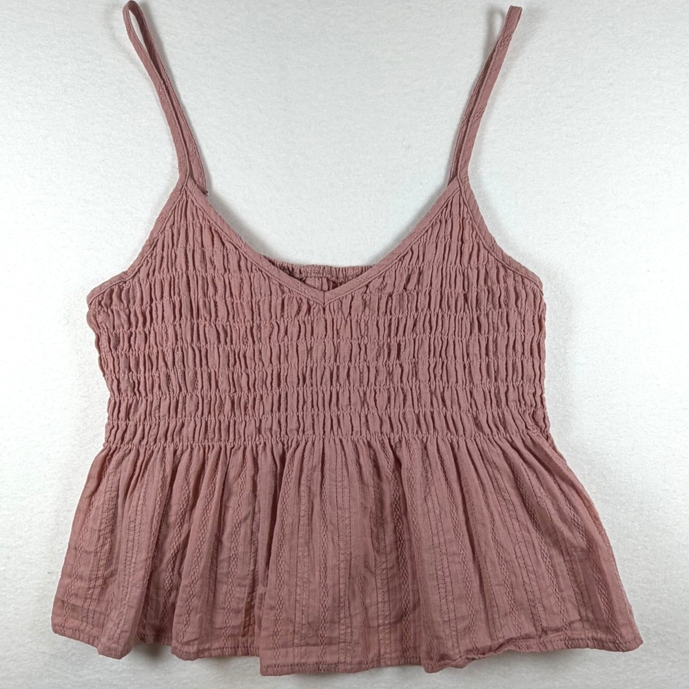 Boho Coastal Cowgirl Smocked Peplum Cami Top Dusty Rose Pink Spaghetti Strap M